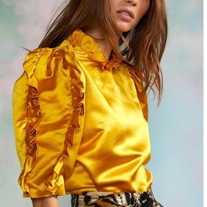 Cynthia Rowley Felicity Elegant Yellow Satin Ruffle Top Size Xs